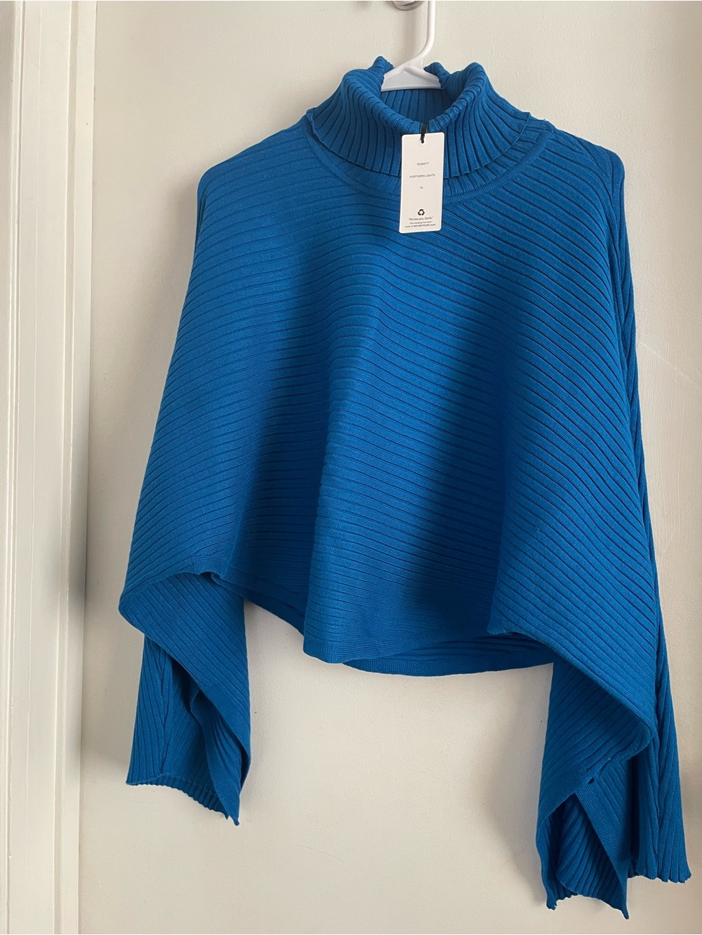 Pink Rose Bright Blue Ribbed Turtleneck Poncho Sweater